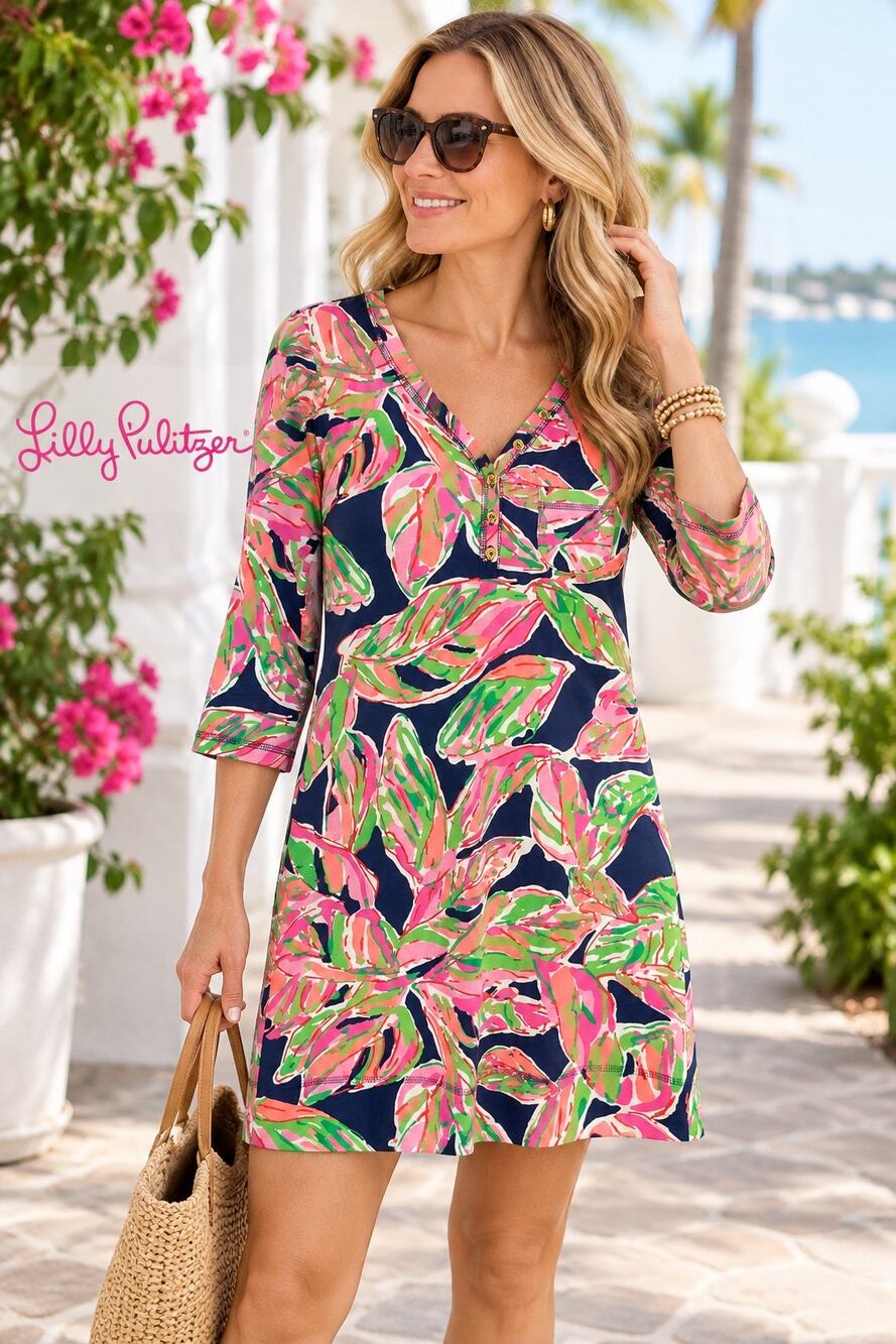 Lilly Pulitzer Dress XS Navy Pink Green Tropical Print Pima Cotton 3/4 Sleeve